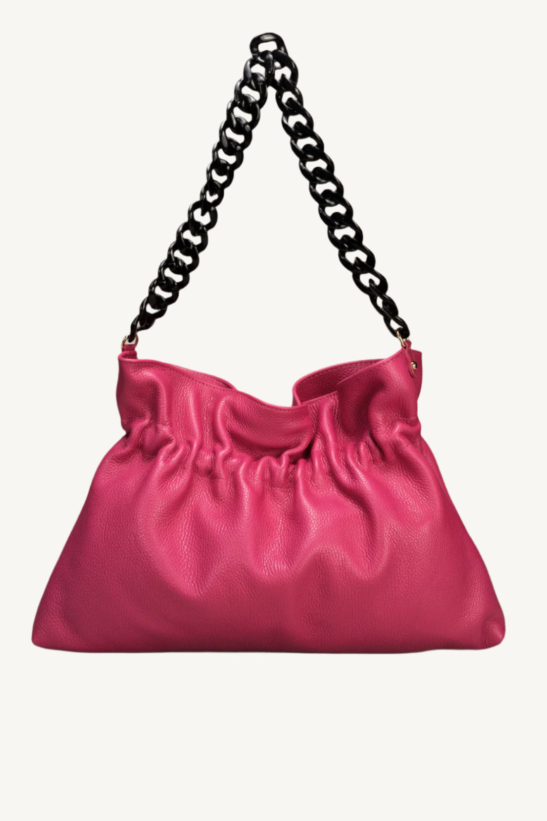 "Soft and slouchy leather top handle shoulder bag with elegant chain strap, zip closure, interior zip pocket, and cellphone pocket. Made in Italy."