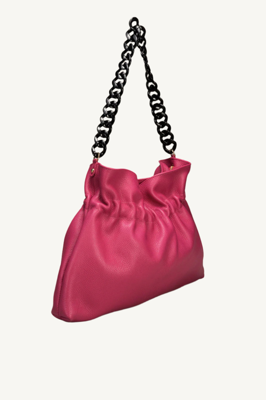 "Soft and slouchy leather top handle shoulder bag with elegant chain strap, zip closure, interior zip pocket, and cellphone pocket. Made in Italy."