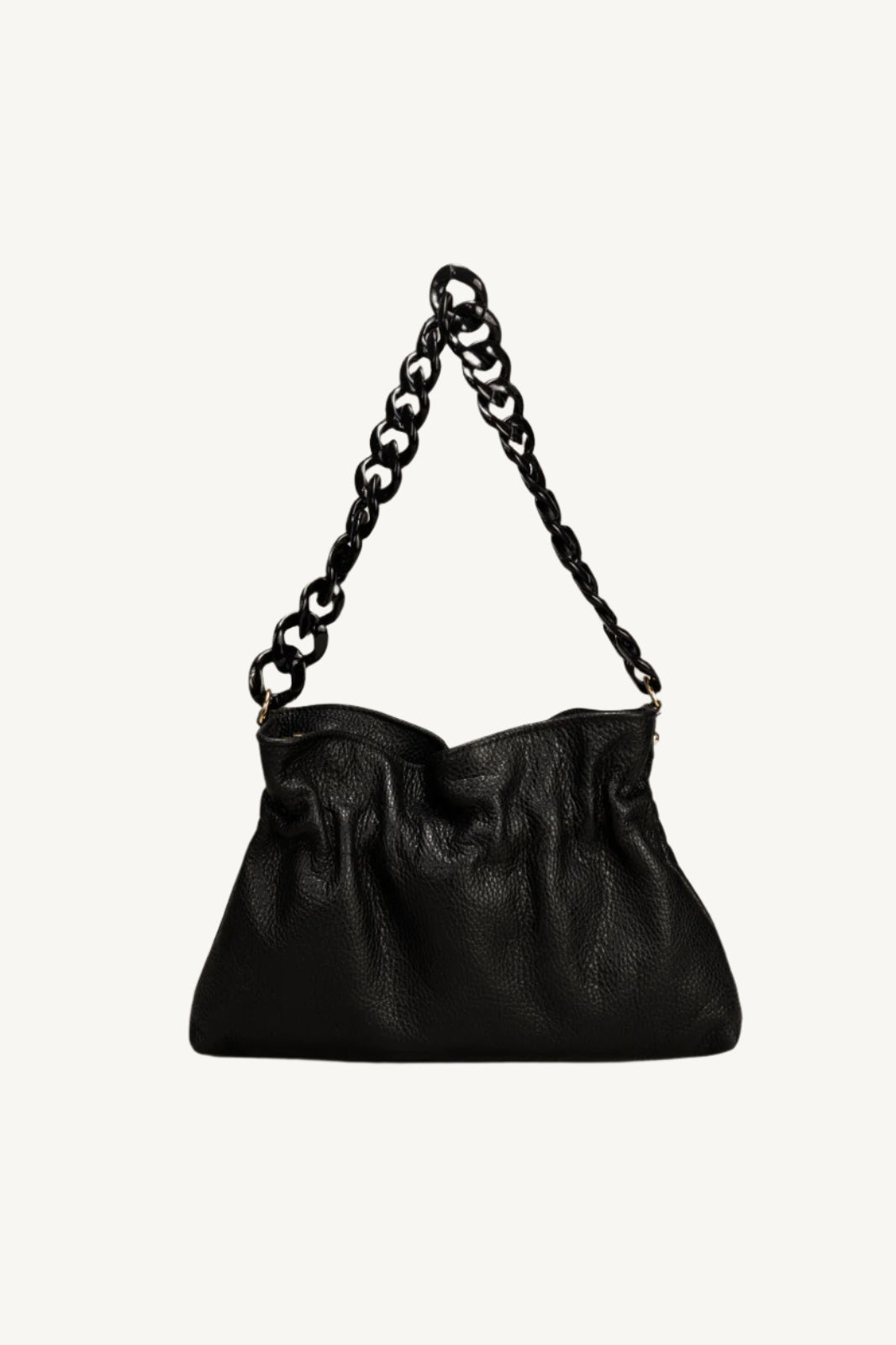 "Soft and slouchy leather shoulder bag with chain handle, zip closure, and interior zip and cellphone pockets. Stylish and functional design for every woman."