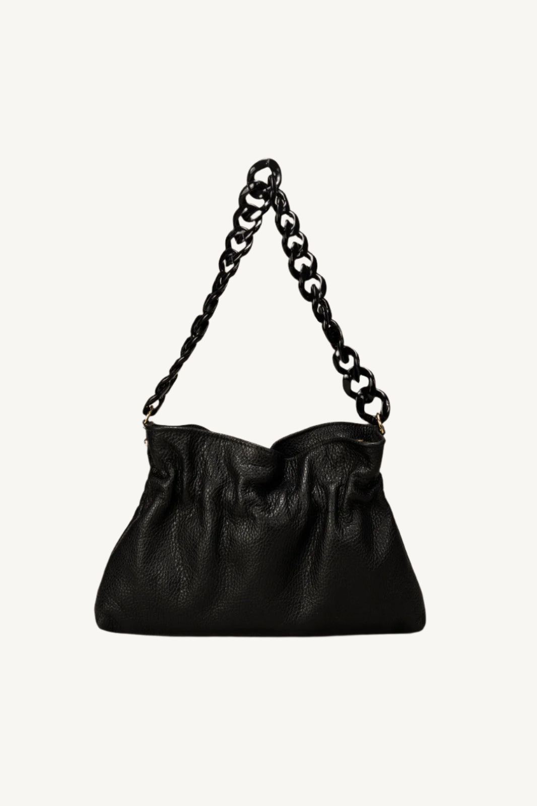 "Soft and slouchy leather shoulder bag with chain handle, zip closure, and interior zip and cellphone pockets. Stylish and functional design for every woman."