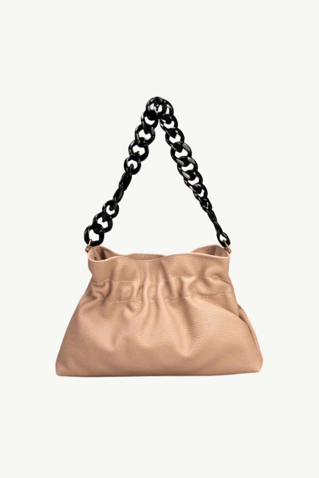 "Soft and slouchy top handle or shoulder bag made of grain leather, featuring a chain top handle, zip closure, and multiple interior pockets for organization. A stylish and elegant Italian leather handbag perfect for daily use and fashionable looks."