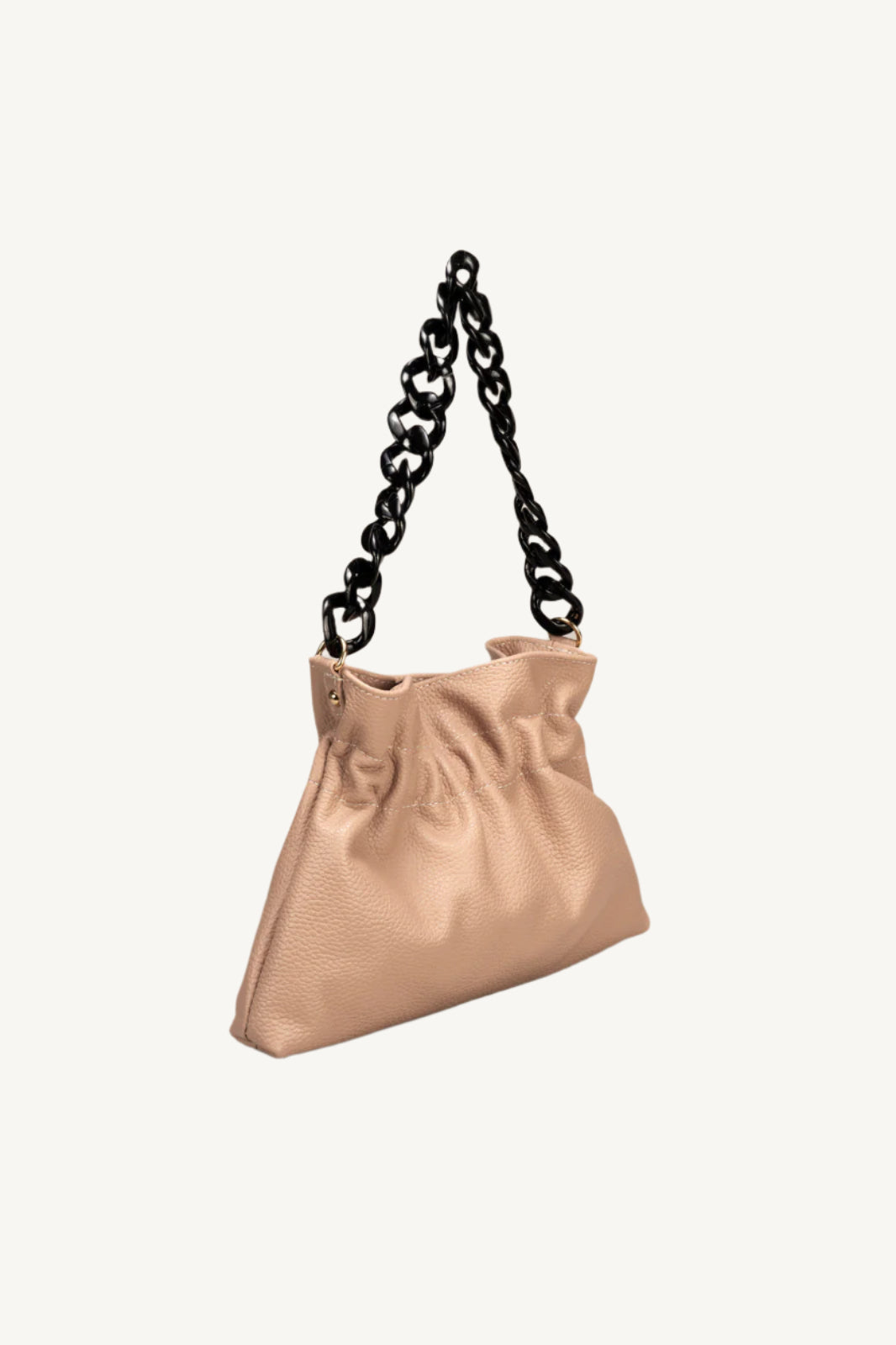 "Soft and slouchy top handle or shoulder bag made of grain leather, featuring a chain top handle, zip closure, and multiple interior pockets for organization. A stylish and elegant Italian leather handbag perfect for daily use and fashionable looks."