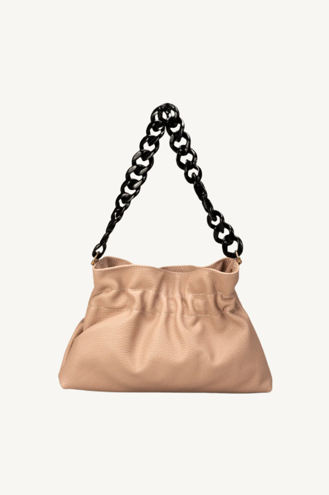 "Soft and slouchy top handle or shoulder bag made of grain leather, featuring a chain top handle, zip closure, and multiple interior pockets for organization. A stylish and elegant Italian leather handbag perfect for daily use and fashionable looks."