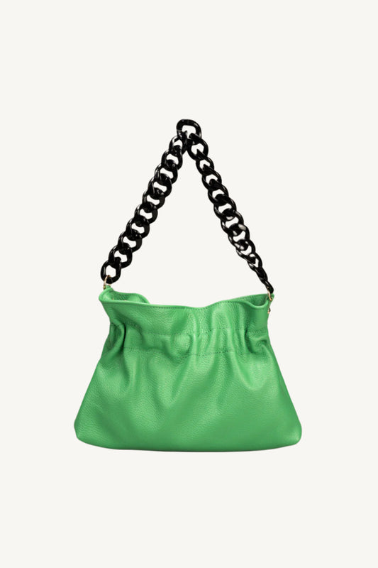 "Soft leather top handle or shoulder bag with chain strap, zip closure, and interior pockets. Elegant, slouchy, and functional design."