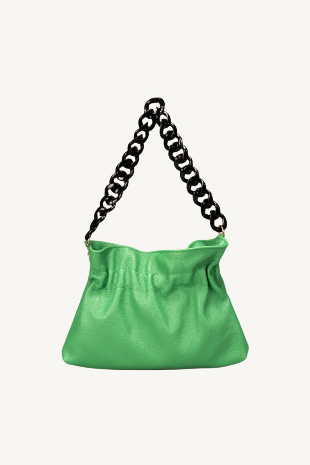 "Soft leather top handle or shoulder bag with chain strap, zip closure, and interior pockets. Elegant, slouchy, and functional design."