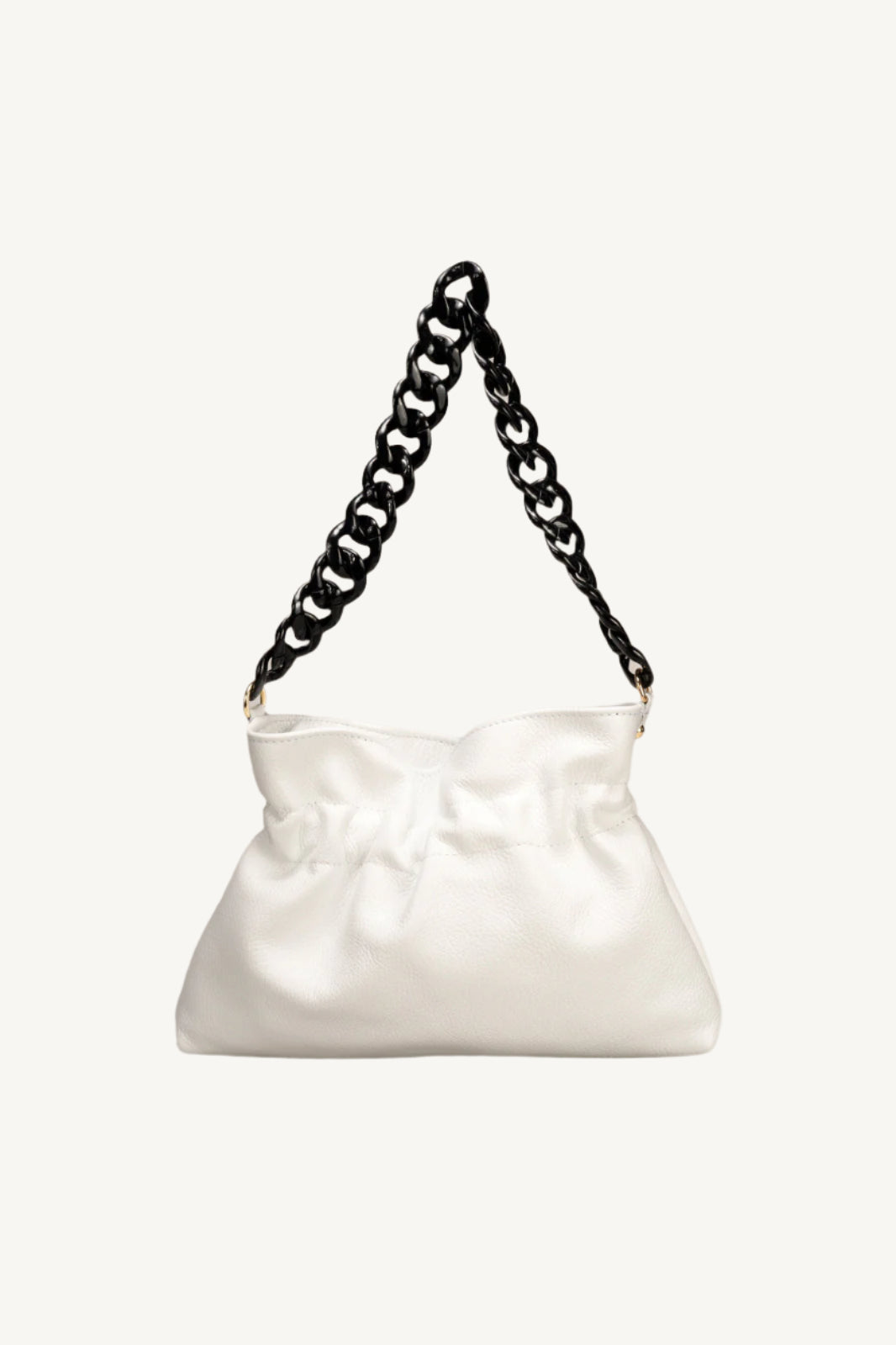 "Soft and slouchy top handle shoulder bag with elegant chain strap, zip closure, and interior zip pocket. Fashionable and functional."