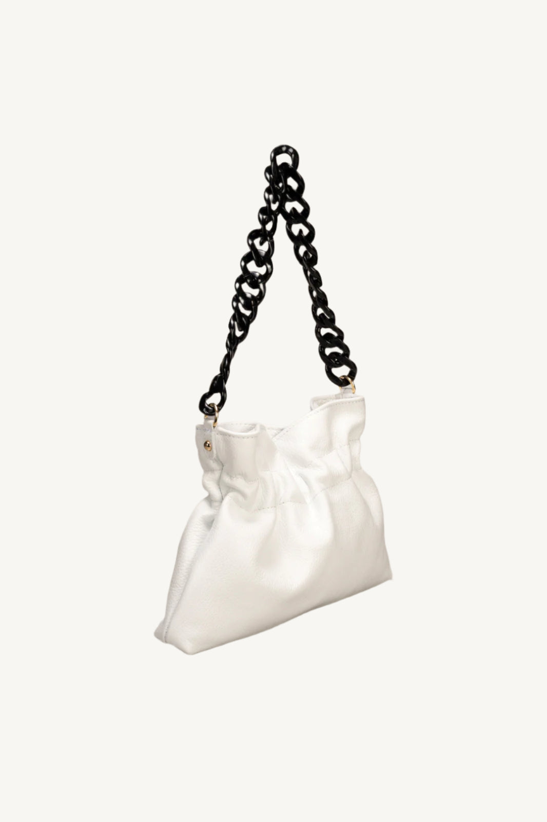 "Soft and slouchy top handle shoulder bag with elegant chain strap, zip closure, and interior zip pocket. Fashionable and functional."