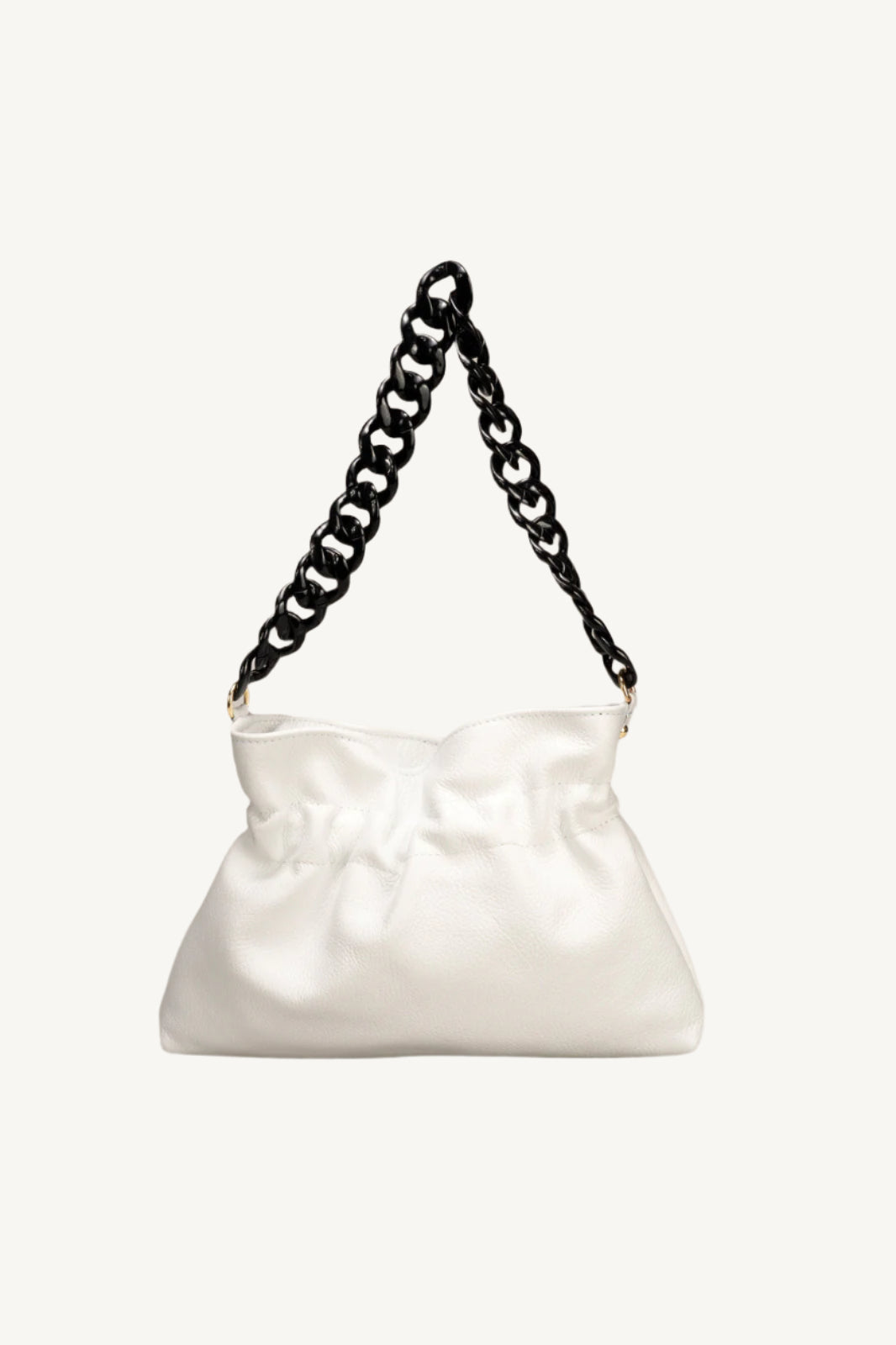 "Soft and slouchy top handle shoulder bag with elegant chain strap, zip closure, and interior zip pocket. Fashionable and functional."