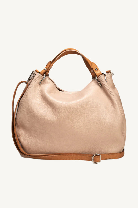 "Elegant women’s grain leather handbag with two top handles and gold detailing."