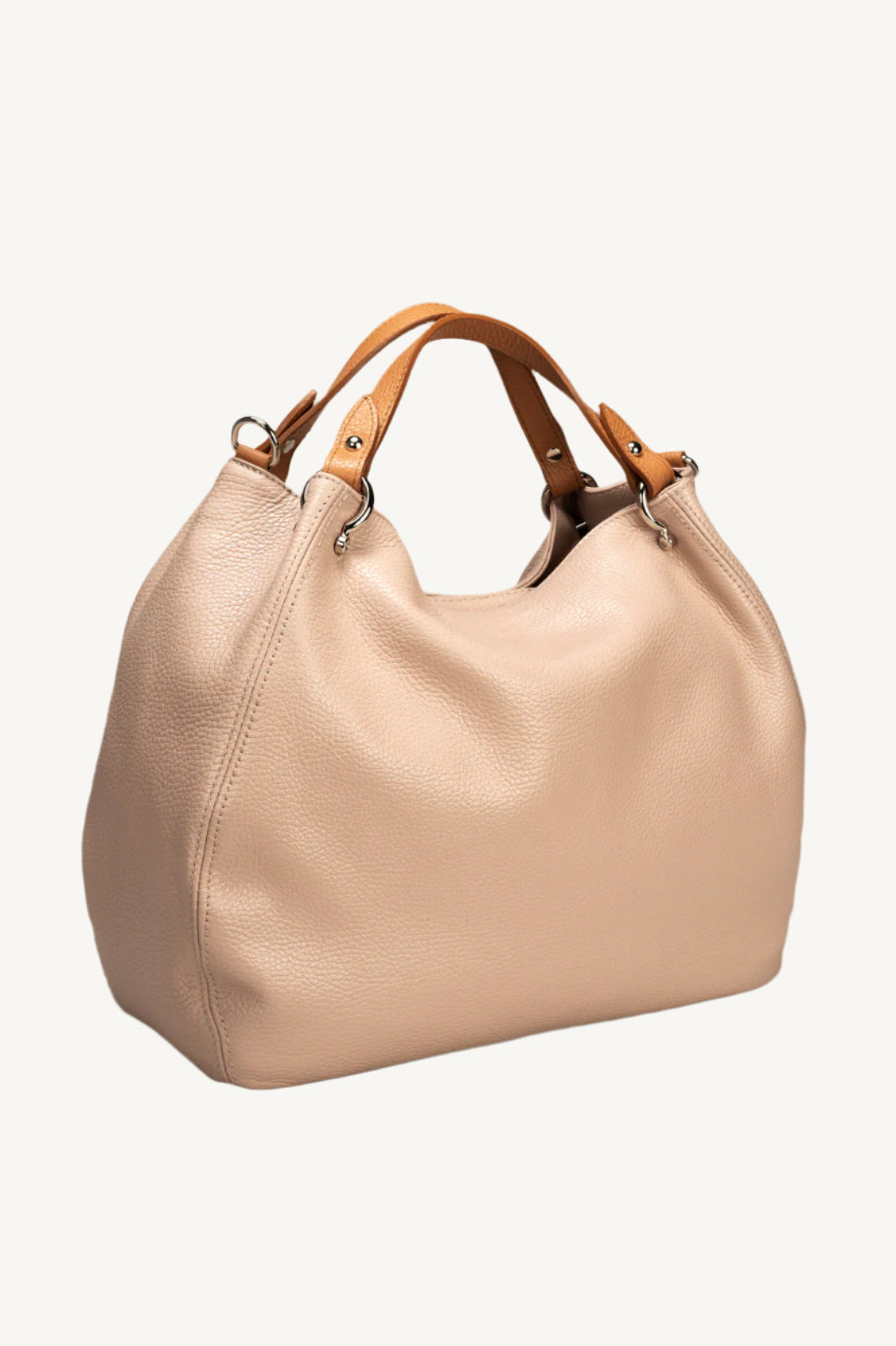 "Elegant women’s grain leather handbag with two top handles and gold detailing."