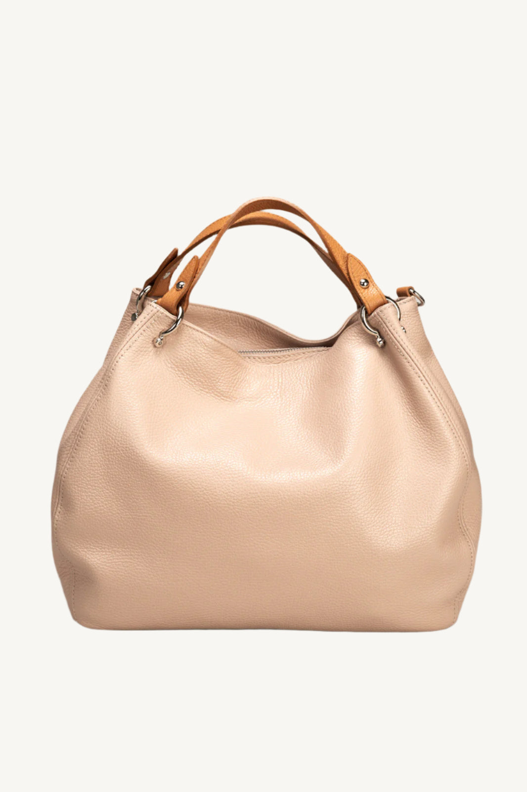 "Elegant women’s grain leather handbag with two top handles and gold detailing."