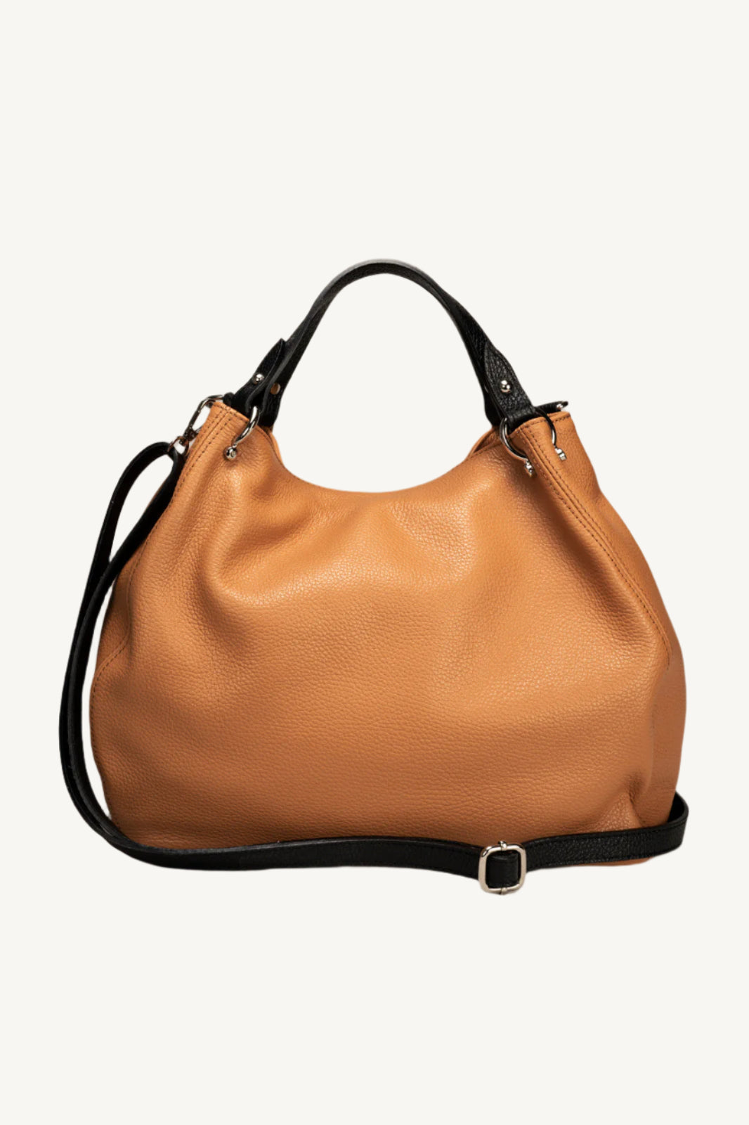 "Elegant women’s grain leather handbag with two top handles and gold detailing."