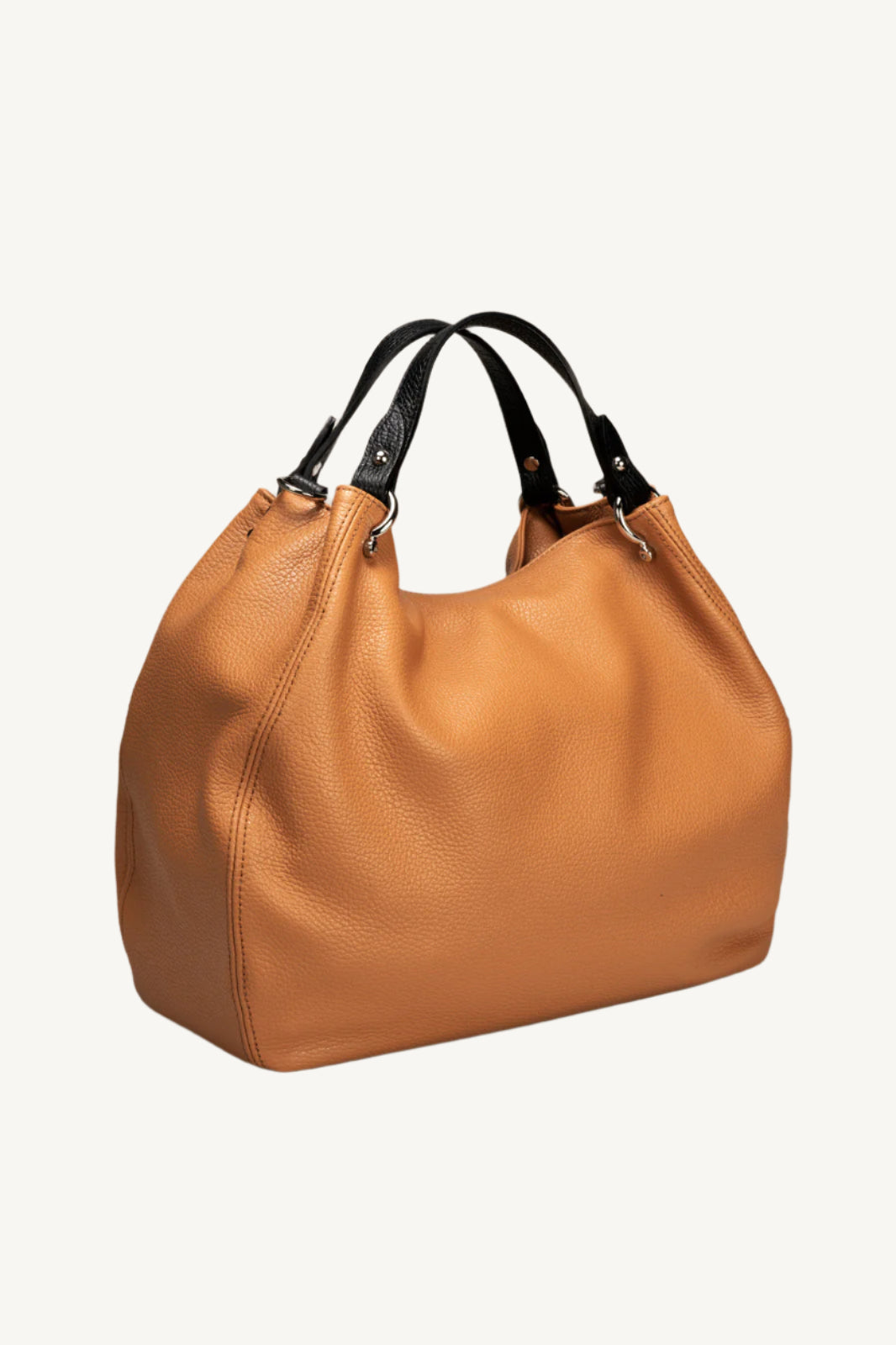 "Elegant women’s grain leather handbag with two top handles and gold detailing."