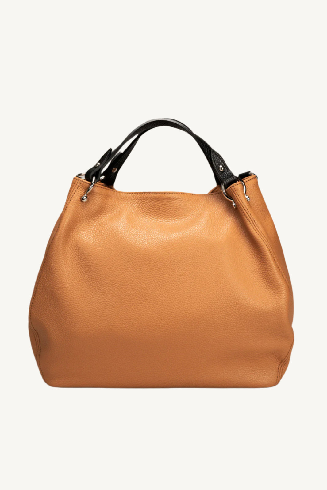 "Elegant women’s grain leather handbag with two top handles and gold detailing."