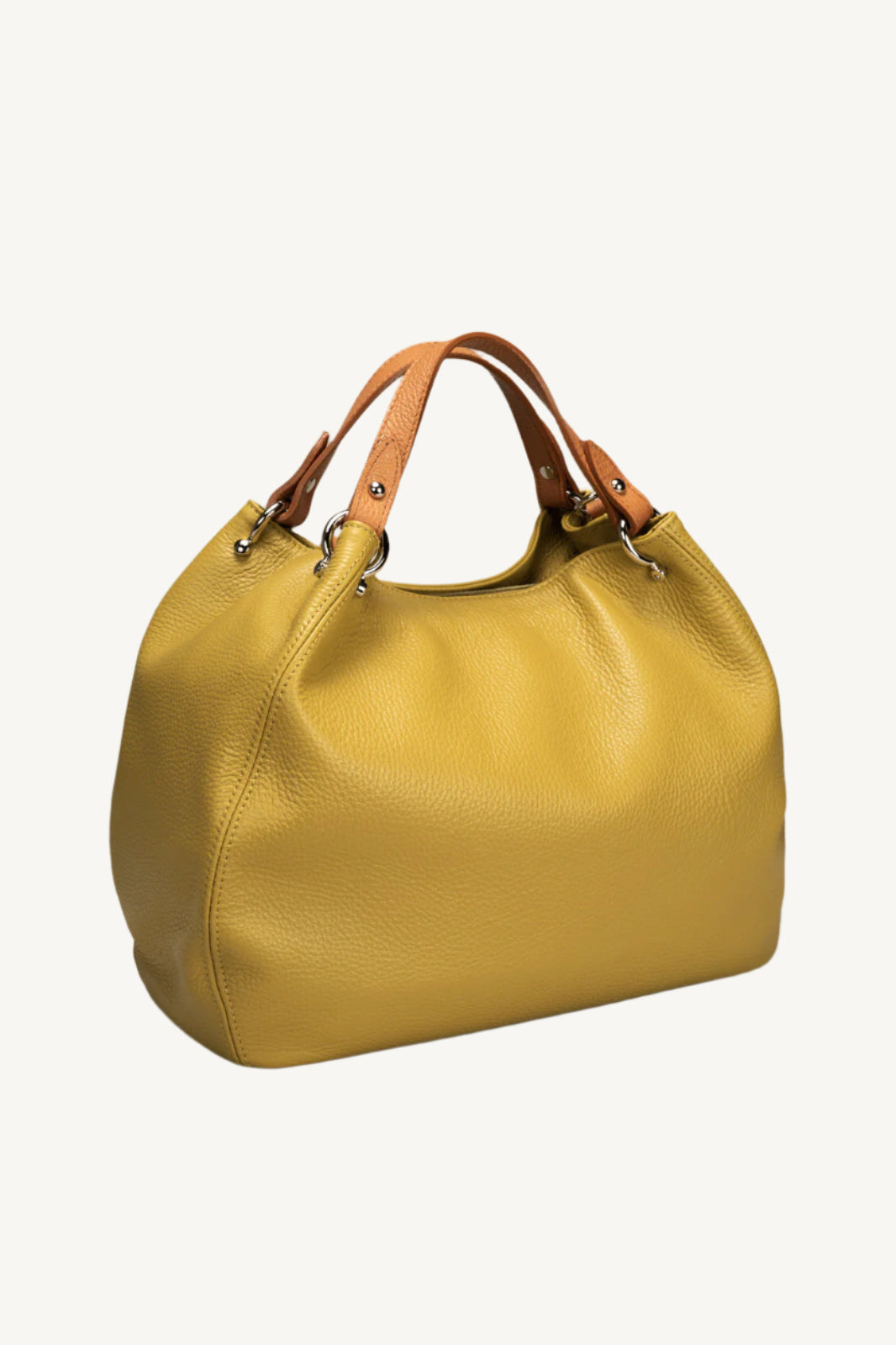 "Elegant women’s handbag in grain leather with two top handles and gold finishing."