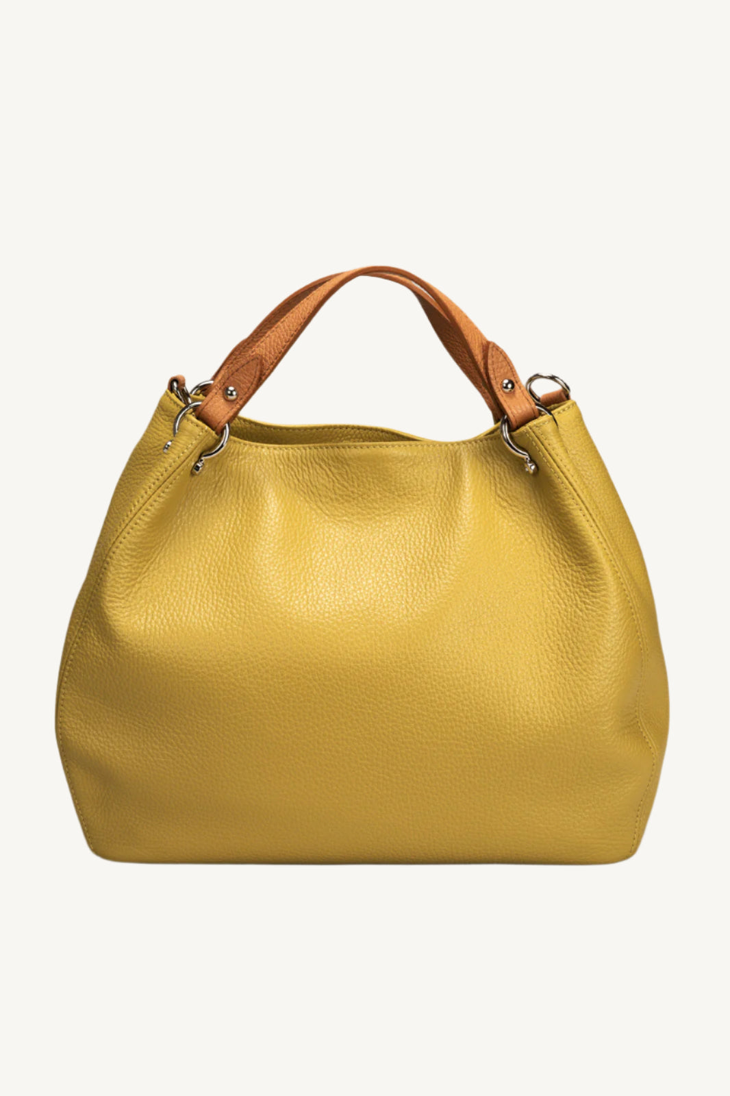 "Elegant women’s handbag in grain leather with two top handles and gold finishing."