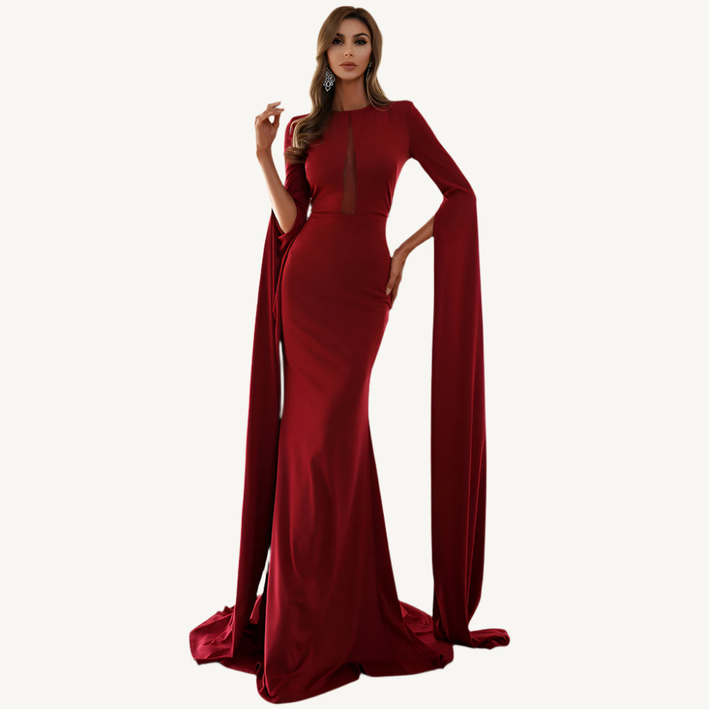 "Chloe Long Sleeve Gown – an elegant and timeless full-length dress with a sophisticated silhouette, perfect for formal events."