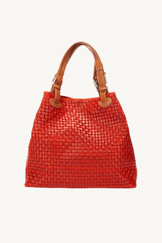 "Elegant woven suede handbag with top handles and adjustable shoulder strap – perfect for daily use."