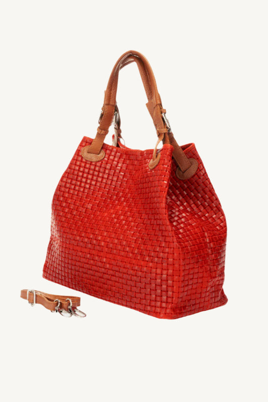 "Elegant woven suede handbag with top handles and adjustable shoulder strap – perfect for daily use."