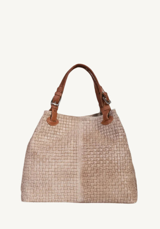 "Women's woven printed suede handbag with top handles, magnet lock, and adjustable shoulder strap – made in Italy."