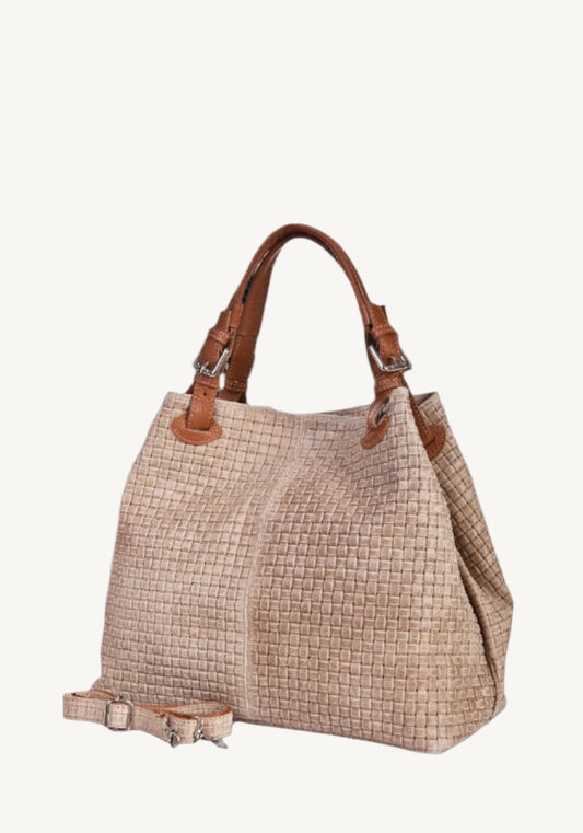 "Women's woven printed suede handbag with top handles, magnet lock, and adjustable shoulder strap – made in Italy."