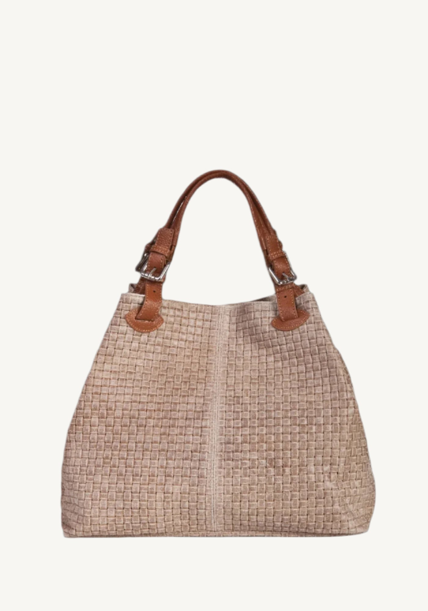 "Women's woven printed suede handbag with top handles, magnet lock, and adjustable shoulder strap – made in Italy."