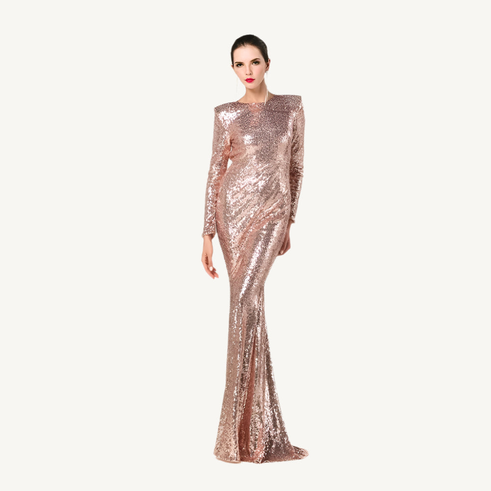 Gold Sequin Ball Gown, a dazzling and elegant dress adorned with shimmering sequins, perfect for making a glamorous entrance at any formal event. Featuring a voluminous skirt and fitted bodice, this gown exudes luxury and sophistication.