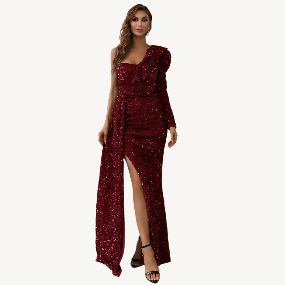 "Rayne One Shoulder Sequin Gown – a dazzling, elegant gown with a one-shoulder design, perfect for formal events, galas, and special occasions."